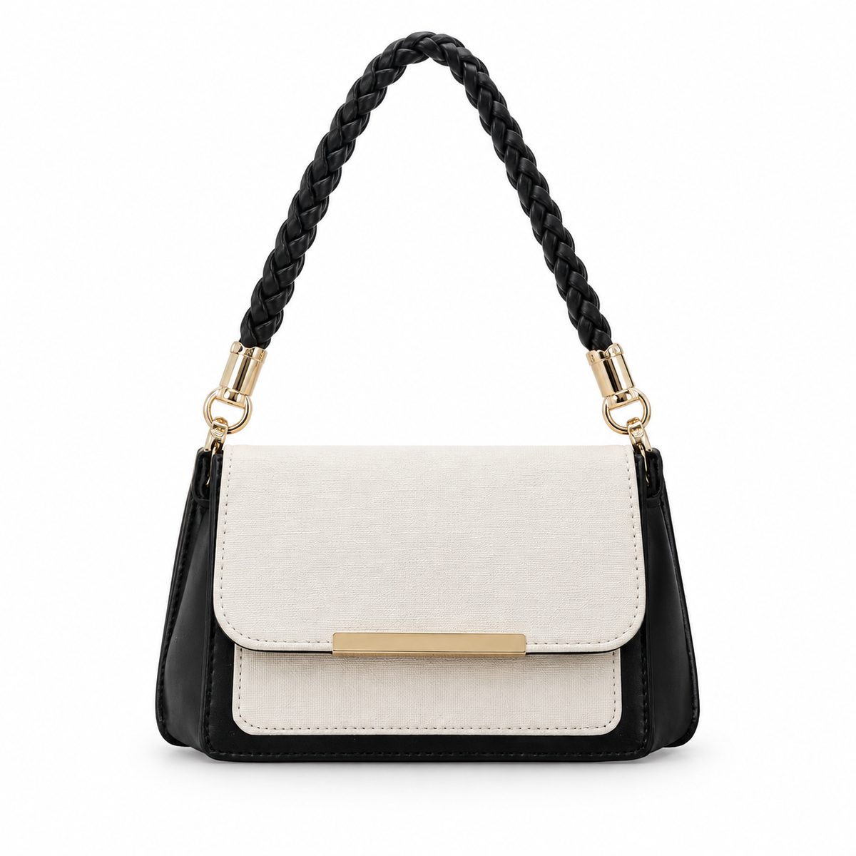 Luxe Two-Tone Braided Handle Shoulder Bag – Ivory & Black
