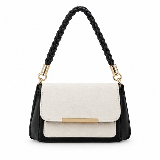 Luxe Two-Tone Braided Handle Shoulder Bag – Ivory & Black
